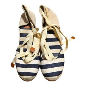 Sonoma Estelle Navy Blue Beige Stripe Wedge Espadrille Ankle Tie  Sz8